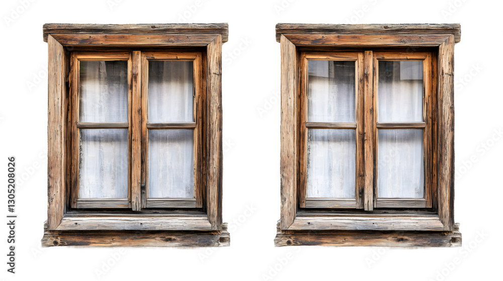 Poster vintage wooden windows featuring white curtains, weathered texture highlighting rustic charm against