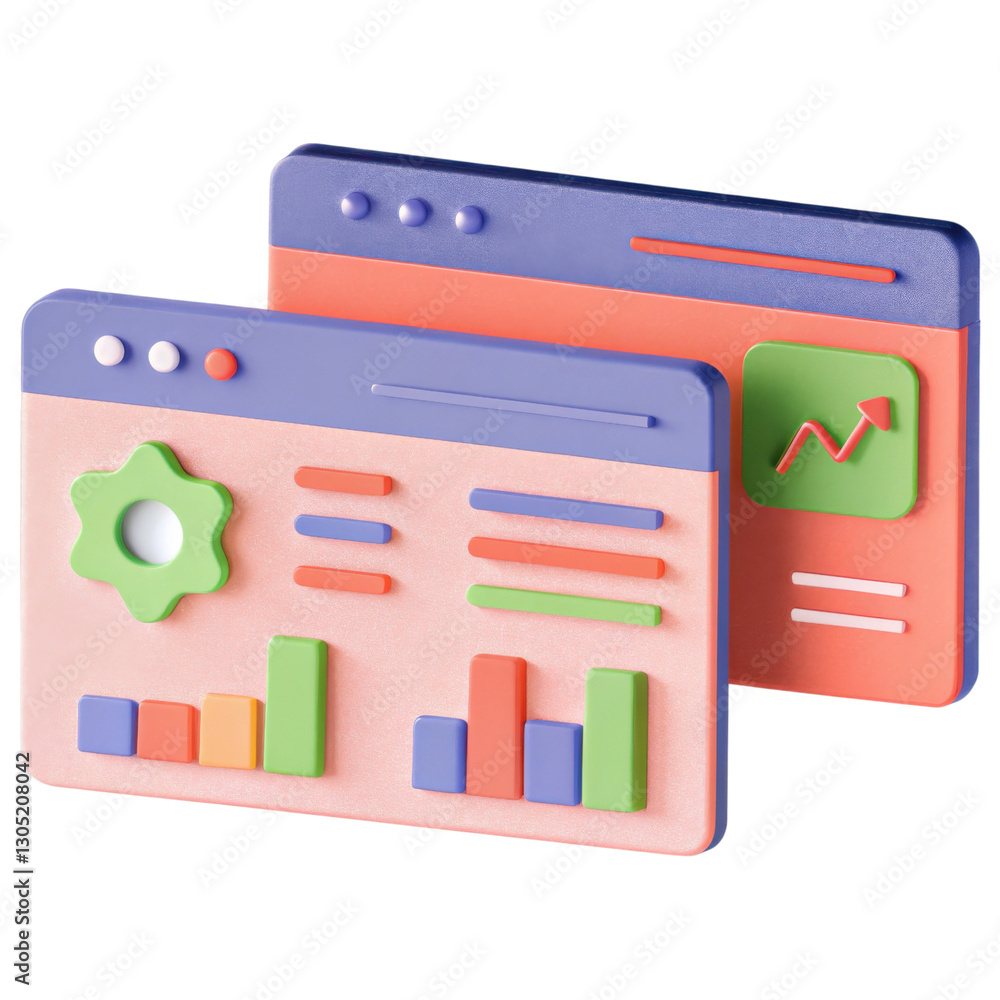 Poster colorful data visualization cards featuring charts, graphs, and design elements for digital interfac