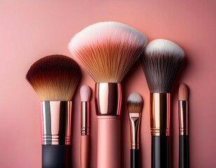 various makeup brushes arranged on pink background showcasing their unique shapes and soft bristles