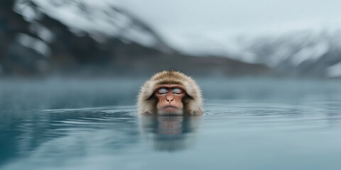 Fototapeta premium Japanese Macaque Relaxing in Hot Spring Water, Snow Monkey Japan, Wildlife, Peace, Serenity, Calm, Zen