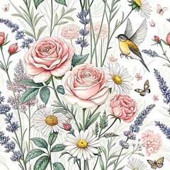 Elegant watercolor roses daisies lavender floral garden bird butterflies art pink soft white green