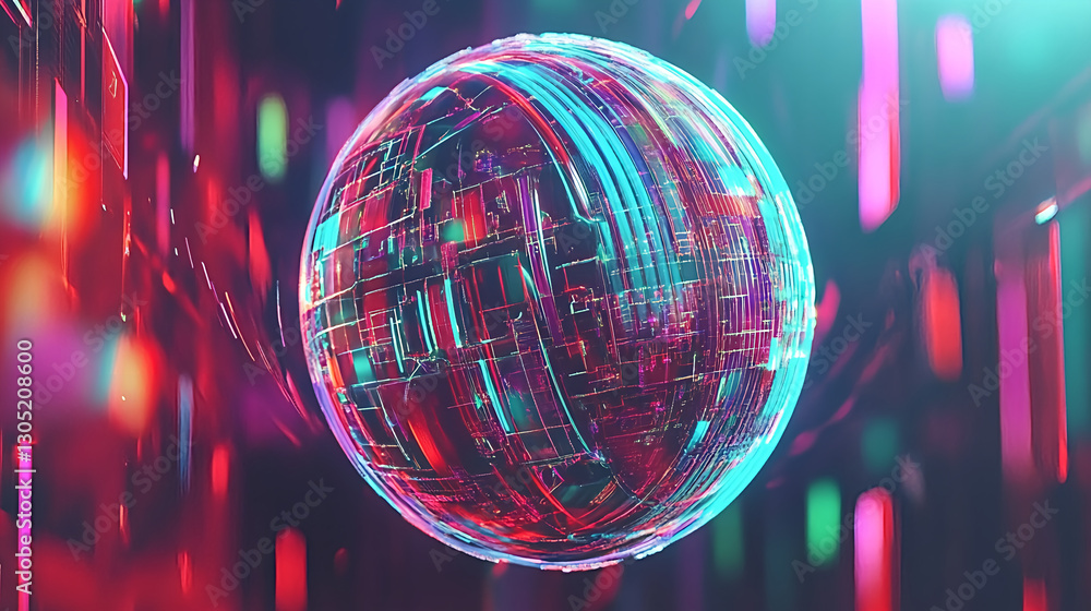Poster dynamic digital sphere animation futuristic environment 3d graphics vibrant colors abstract concept 
