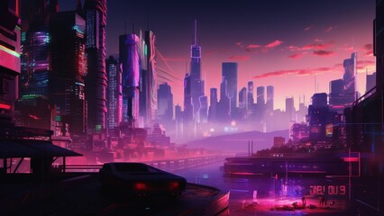 Futuristic cyberpunk cityscape at sunset, neon skyline with high-tech skyscrapers, vibrant holographic lights, modern sci-fi metropolis in a clean vector art style