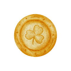 Hand drawn watercolor illustration of gold coins. Realistic style, warm golden tones. Perfect for St Patrick's Day, games, treasure themes, prints, stickers, greeting cards, scrapbooking, decor.