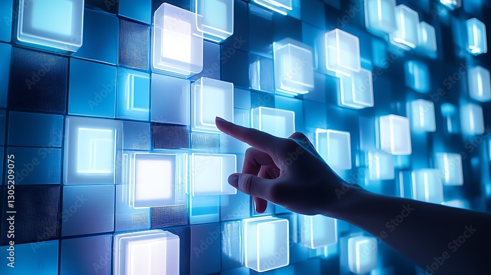 Aufkleber hand selecting digital glowing cube buttons on a technology wall against blue background