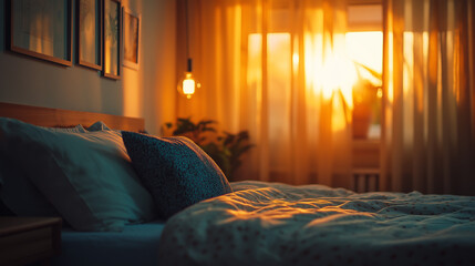 Sunrise through sheer curtains illuminates a cozy bedroom.  Warm, inviting light bathes the neatly made bed.