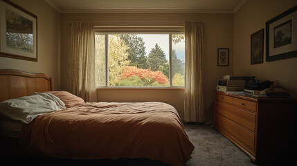 Obraz premium A peaceful bedroom with a view of autumn foliage.