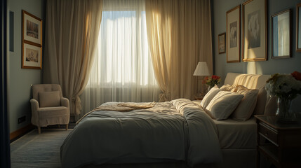 Fototapeta premium Sunlit bedroom with beige bedding and curtains, featuring a cozy armchair.