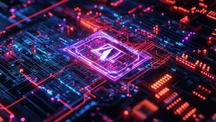 Obraz premium Futuristic Digital Circuit Board with AI Integration, Colorful Lights, and Neon Effects Representing Advanced Technology and Innovation