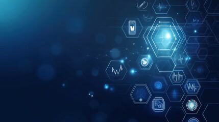Medical technology interface, digital icons, futuristic healthcare background, for website, app or presentation