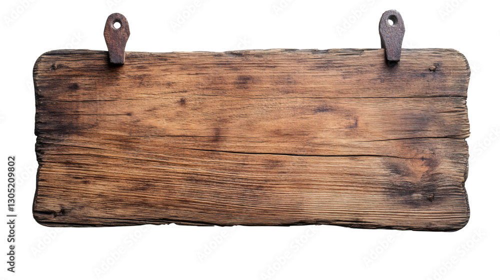 Aufkleber empty wooden sign hanging with metal clips isolated on transparent background, ideal for adding text