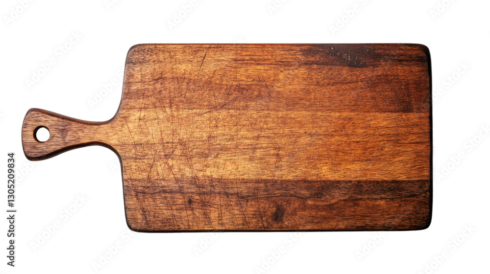 Poster worn wooden cutting board with handle, displaying surface texture and scratches on clear backdrop