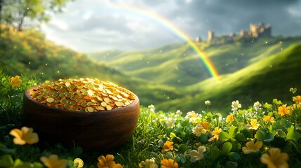 A Magical St. Patrick's Day Banner Featuring Green Hills, Castles, and a Shimmering Rainbow