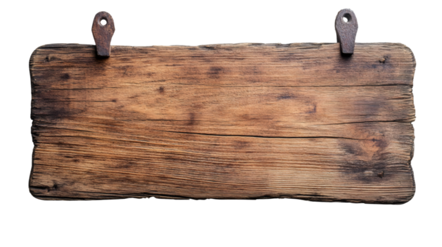 Empty wooden sign hanging with metal clips isolated on transparent background, ideal for adding text or graphics