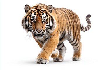 Obraz premium Striking Tiger: Majestic tiger walking towards the camera, showcasing its powerful physique, intense gaze and stunning orange and black stripes. 
