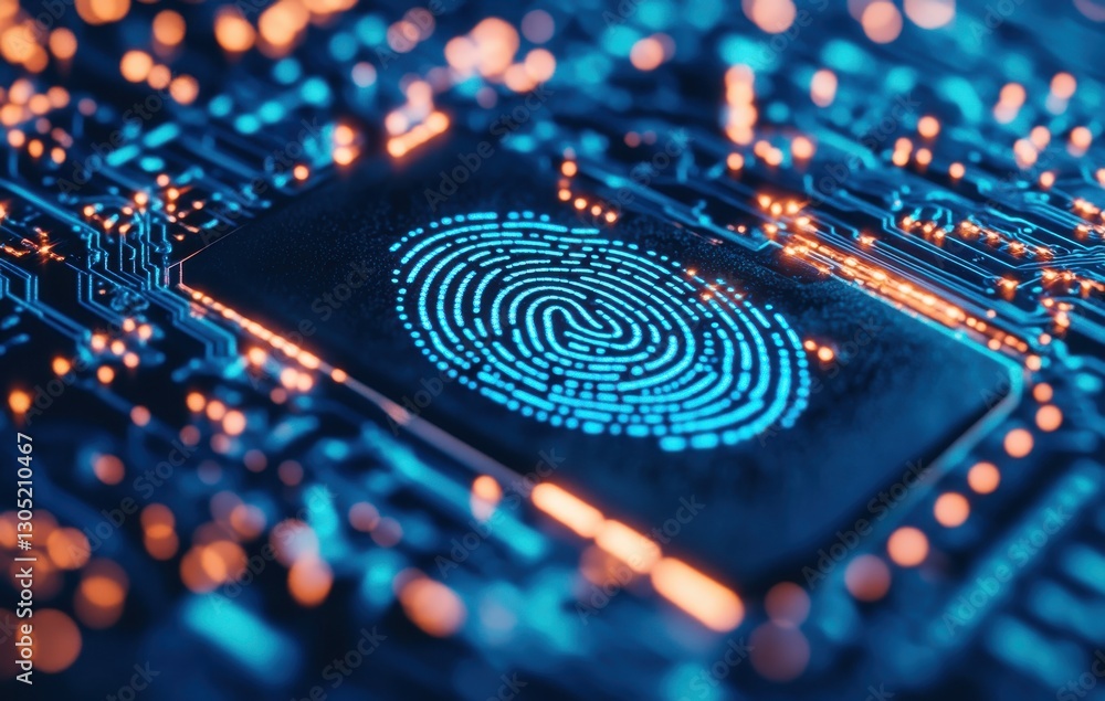 Poster futuristic digital circuit board with highlighted fingerprint design for security technology concept