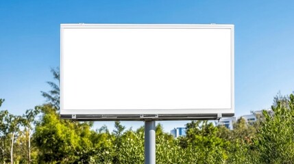 Blank white billboard outdoors, bright sunlight, clear blue sky, green trees and urban buildings in background. Ready for your advertisement.