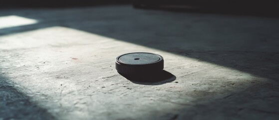 A lens cap rests on a sunlit floor, symbolizing a pause in capturing moments, bathed in serene light.