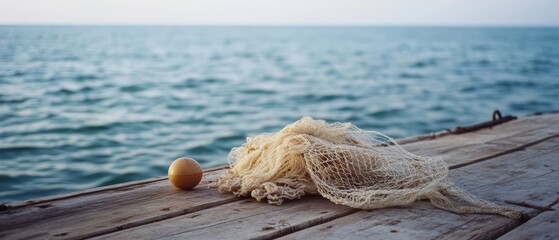An old fishing net and a buoy rest on a wooden pier, with the vast expanse of the calm sea stretching into the horizon, evoking maritime tranquility.
