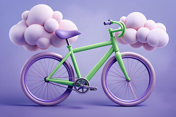 Green bicycle on blue with clouds background. Environment preserve. World Bicycle Day Concept. Illustration.