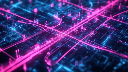 Fototapeta premium A cityÃ¢â‚¬â„¢s energy grid displayed in neon blue and pink lines across a 3D map, visualizing power consumption and distribution in real-time.