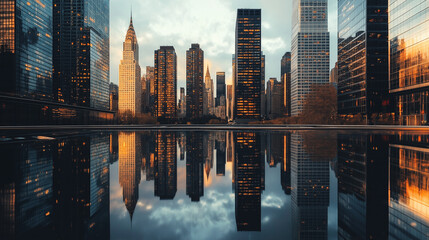 Cityscape reflection at sunset. Golden hour light illuminates the skyscrapers.