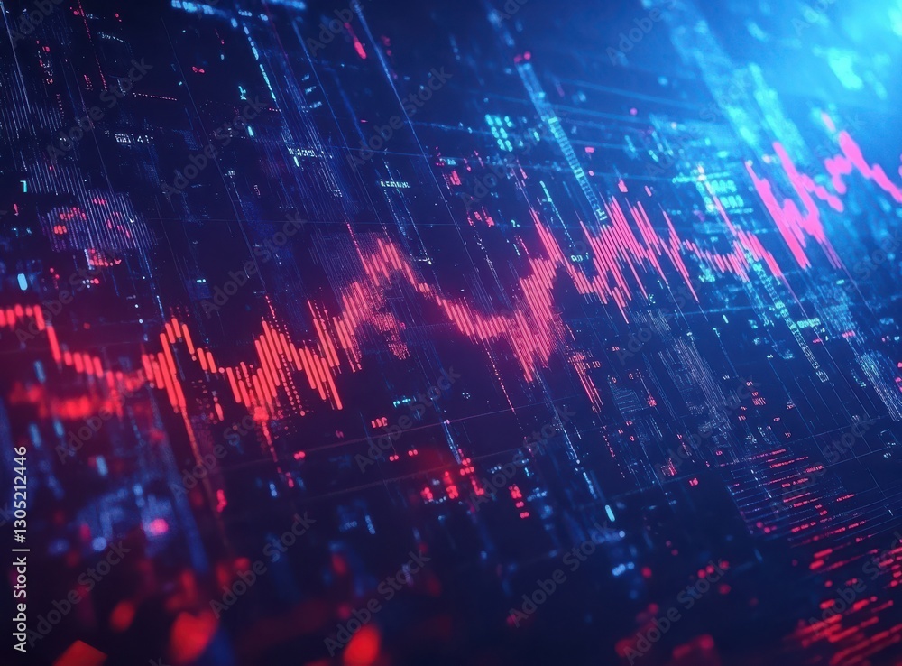 Poster futuristic digital data visualization representing financial market trends with abstract graphs and 