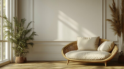 Beige wicker couch in sunlit, classic room