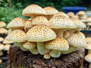 Clustered mushrooms growing on wood outdoors