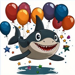 Cartoon Shark Celebrates With Colorful Balloons and Festive Decorations