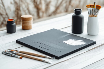 Black canvas with paintbrushes and ink on white wooden table in art studio