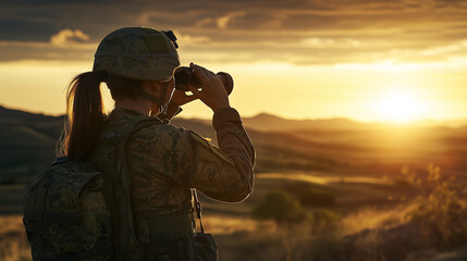 Female soldier in camouflage uniform using binoculars for reconnaissance during a military operation at sunset, emphasizing surveillance, strategy, and defense. Image made using Generative AI.