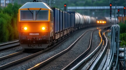 Fototapeta premium Freight train on railroad tracks at dusk with glowing lights