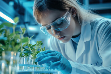 A genetic engineer modifying plant DNA in a lab, focus.