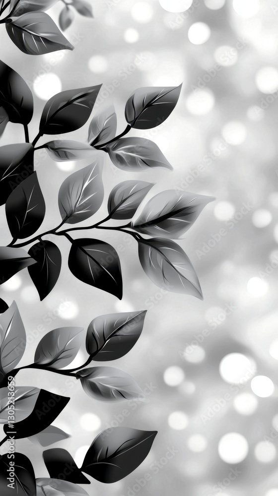 Poster black and white image of leaves on a branch against a bokeh background. shades of gray create a soft
