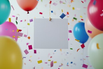 Vertical blank card mockup hanging on festive background with colorful balloons. Perfect for invitations, greeting cards, and branding