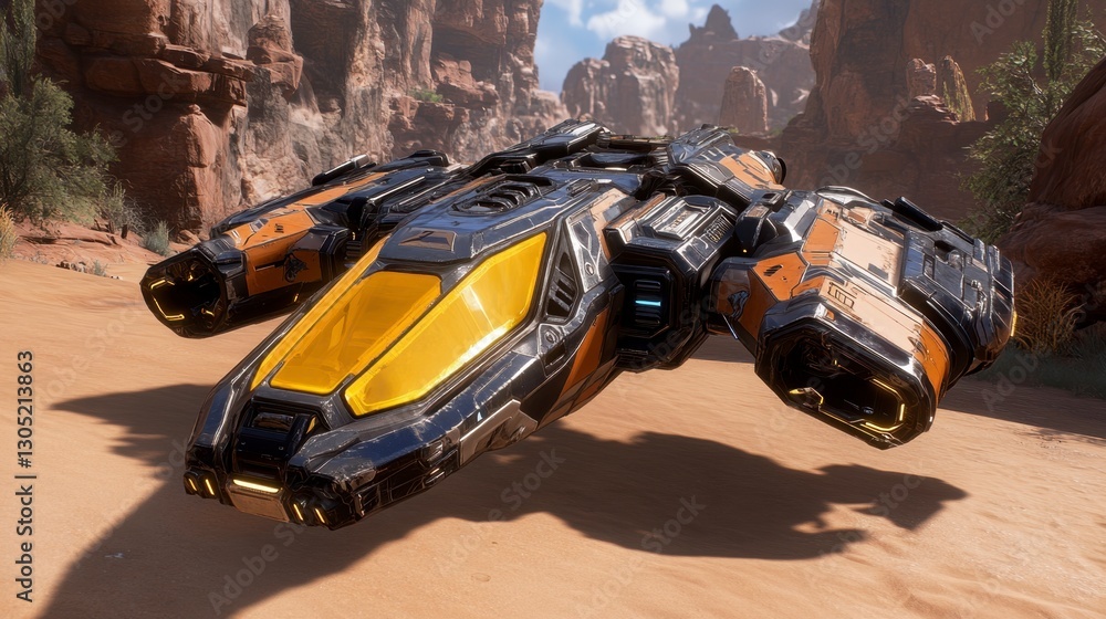Poster futuristic spaceship with black and gold design, lands on a desert like planet. the spaceship has sl