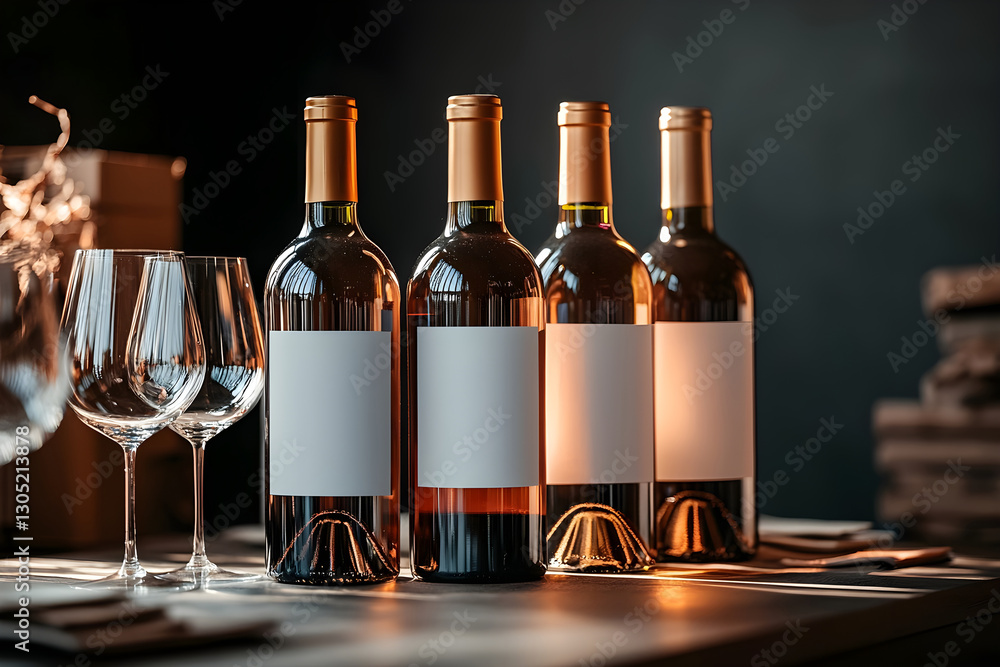 Poster elegant wine bottles arranged on a table with glasses in a cozy indoor setting. generative ai.