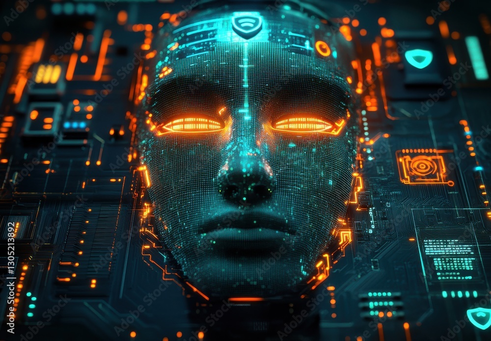 Poster futuristic digital human face with neon lights and technological circuitry background representing a