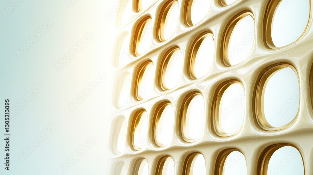 Poster abstract image of a beige wall with gold circular openings, creating a modern and elegant design. th