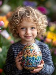 Fototapeta premium Child joyfully holds a large decorated Easter egg amidst spring flowers. Generative AI