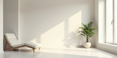 Fototapeta premium Serene Minimalist Room Interior Design with a Chaise Lounge and Potted Plant in Sunlight
