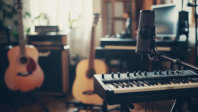 Music room with microphone, keyboard and guitar, music recoding room, music practising room