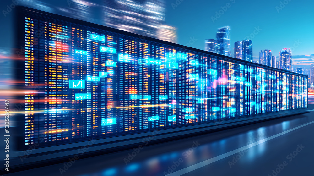 Aufkleber dynamic financial data visualization urban cityscape digital art evening setting wide angle technolo