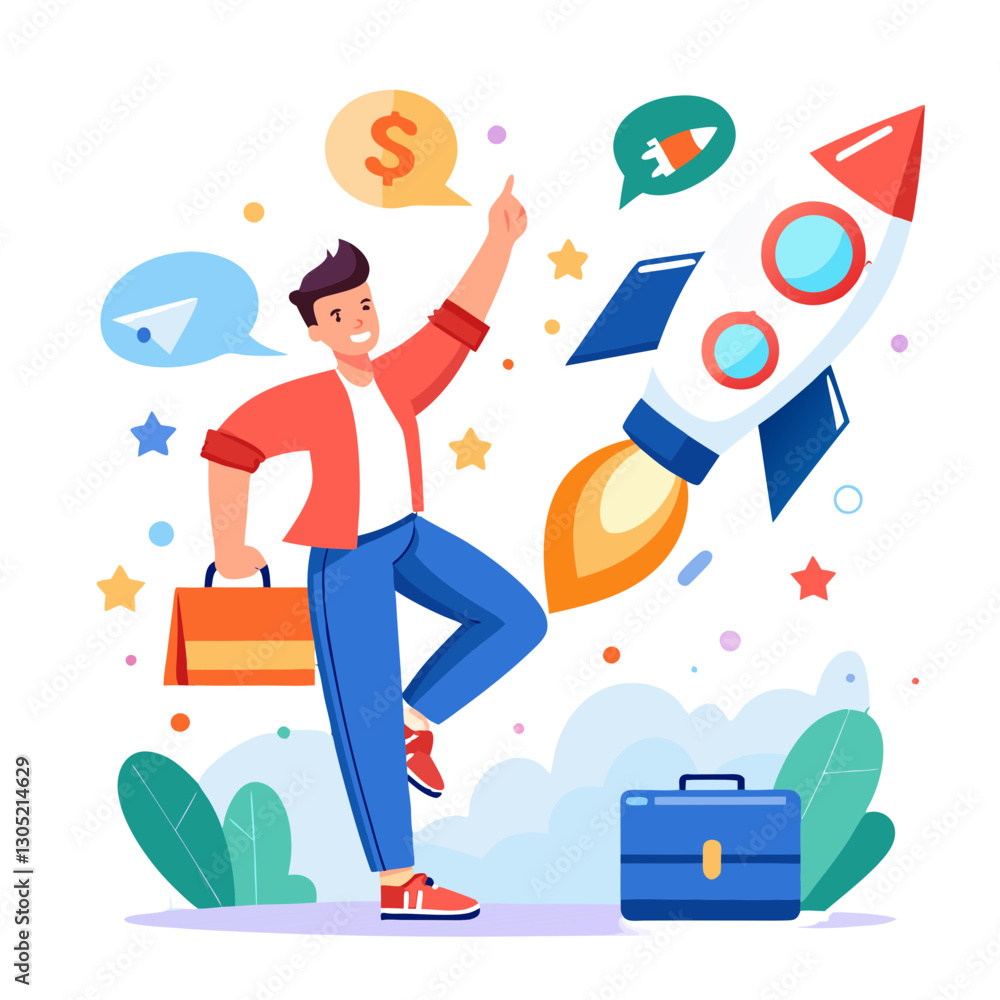 Poster a marketer stands confidently, pointing upward as a colorful rocket symbolizes a successful product 