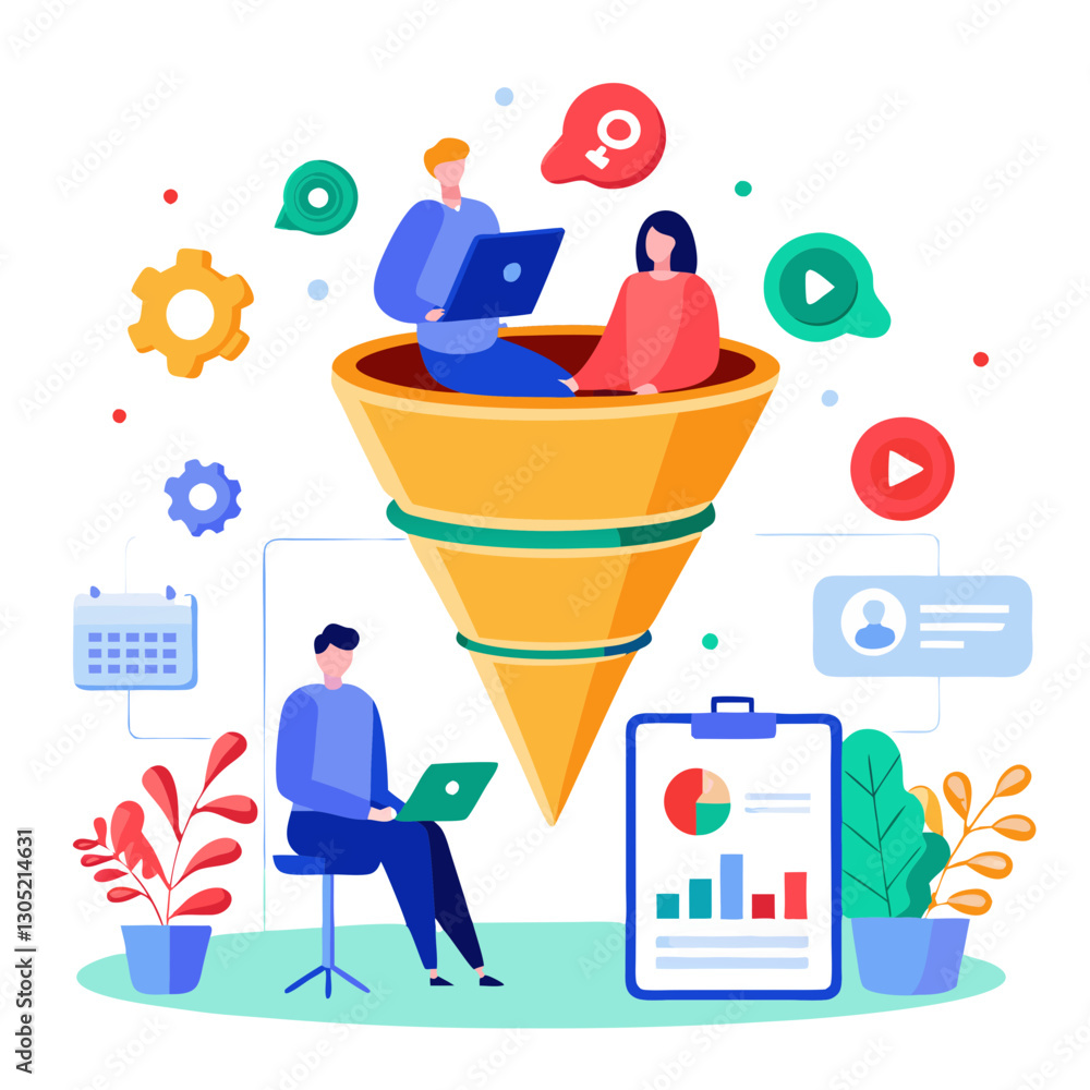 Poster two marketers are engaged in discussions while illustrating a sales funnel. one is drawing on a lapt