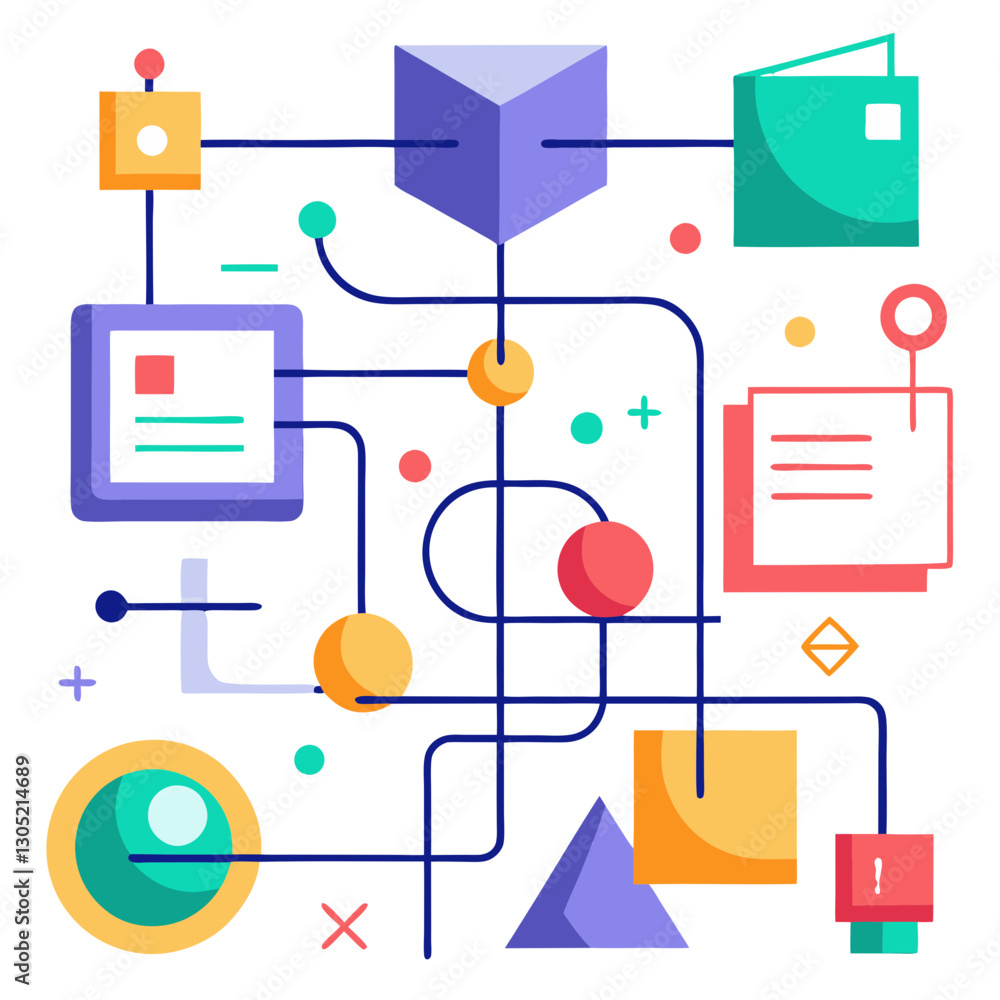 Poster colorful geometric shapes and lines depict a simplified system in an abstract form. the design featu