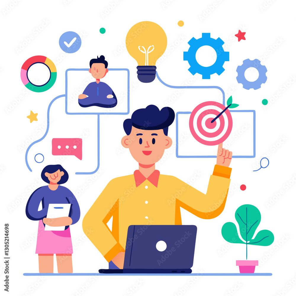 Poster a marketer is engaged in using an audience segmentation tool, focused on analyzing data trends. coll