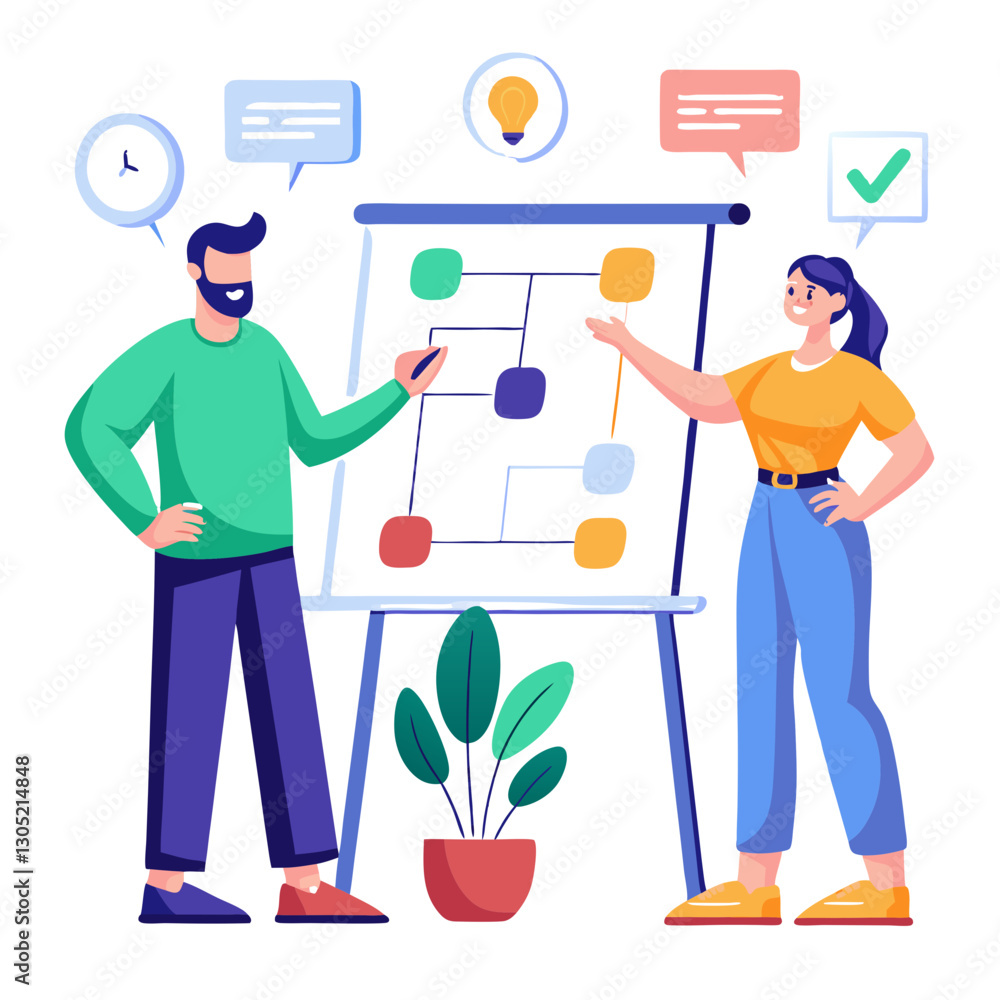 Poster two analysts actively engage in discussion while working on a digital whiteboard, using flowcharts t