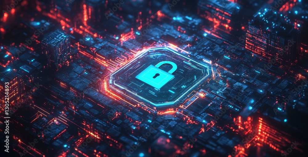Poster futuristic digital landscape with cybersecurity padlock in glowing neon colors representing data pro